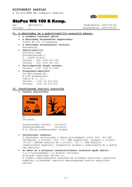 StoPox WG 100 B Komp. - Sto ÃpÃ­tÅanyag Kft.