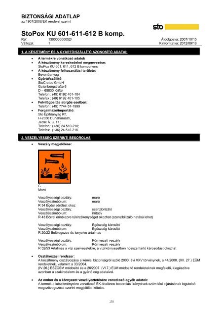 StoPox KU 601, 611, 612 B komp. BiztonsÃ¡gi adatlap