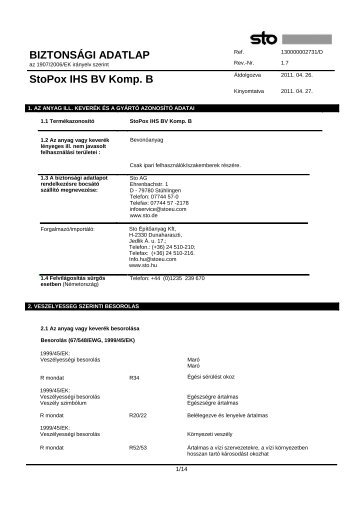 BIZTONSÃGI ADATLAP StoPox IHS BV Komp. B - Sto ÃpÃ­tÅanyag Kft.