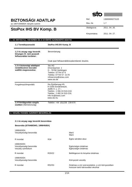 BIZTONSÃGI ADATLAP StoPox IHS BV Komp. B - Sto ÃpÃ­tÅanyag Kft.