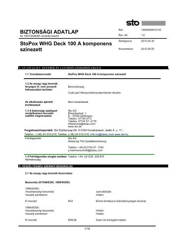 BIZTONSÃGI ADATLAP StoPox WHG Deck 100 A komponens ...