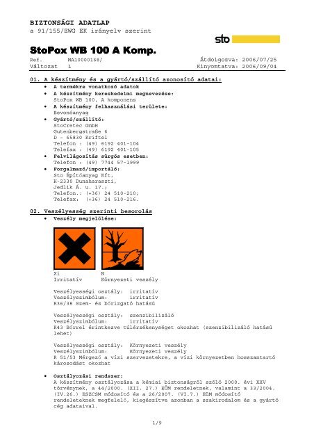 StoPox WB 100 A Komp. - Sto ÃpÃ­tÅanyag Kft.