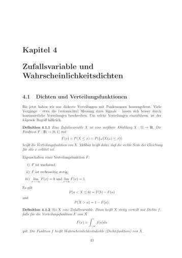 Kapitel 4 Zufallsvariable und Wahrscheinlichkeitsdichten