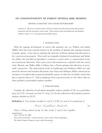 ON COMONOTONICITY OF PARETO OPTIMAL RISK SHARING 1 ...