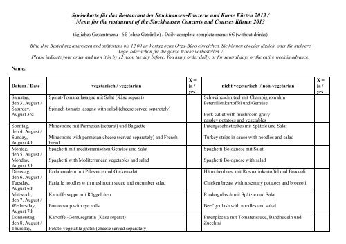 Speisekarte für das Restaurant der Stockhausen