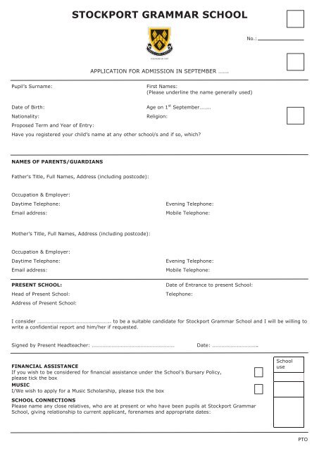 Download the Senior School admission form (pdf) - Stockport ...