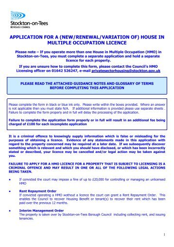 HMO Licence Application Form - Stockton-on-Tees Borough Council