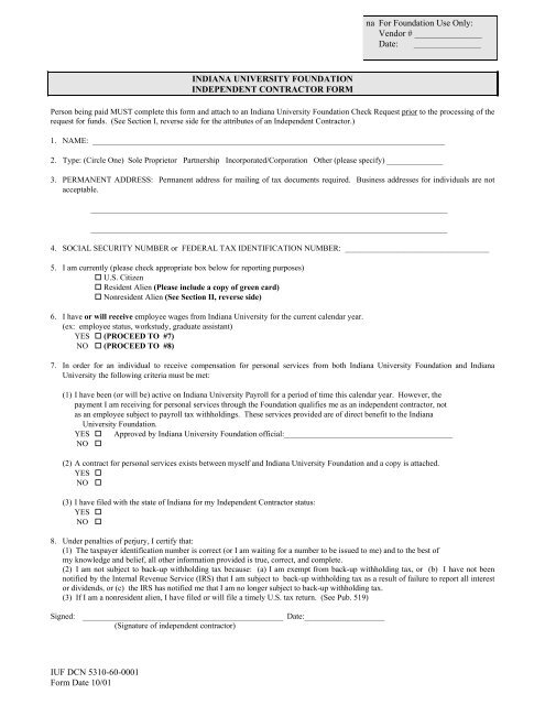 Indiana University's Independent Contractors Form