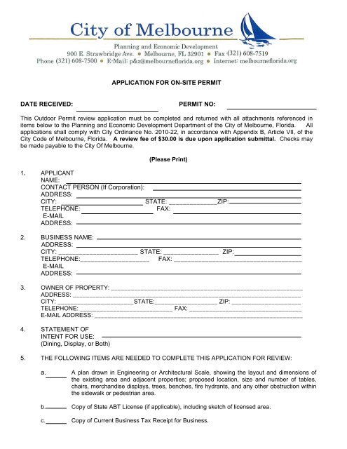 application for side walk use permit - City of Melbourne, Florida