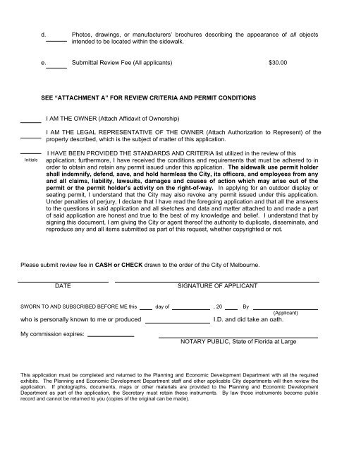 application for side walk use permit - City of Melbourne, Florida