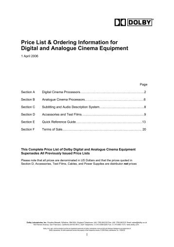 Price List & Ordering Information for Digital and Analogue Cinema ...