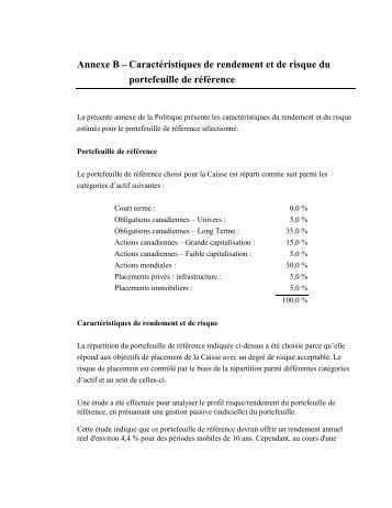 Annexe B – Caractéristiques de rendement et de risque du ...