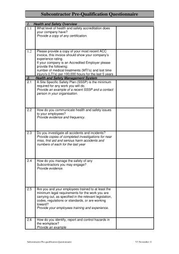 Subcontractor Pre-Qualification Questionnaire - Site Safe