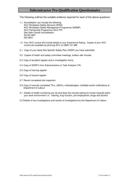Subcontractor Questionnaire Subcontractor Pre-Qualification Questionnaire - Site Safe