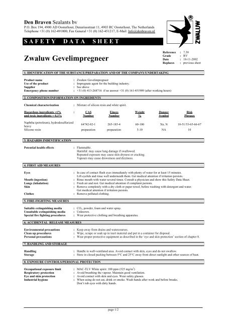 SAFETY DATA SHEET Zwaluw Gevelimpregneer - Den Braven