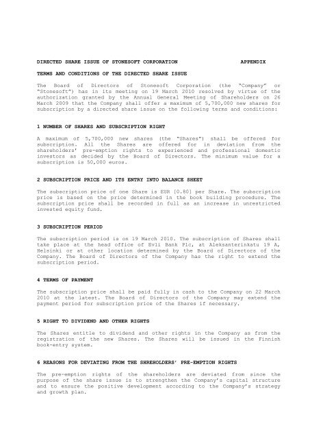 Terms and conditions of the directed share issue - Stonesoft