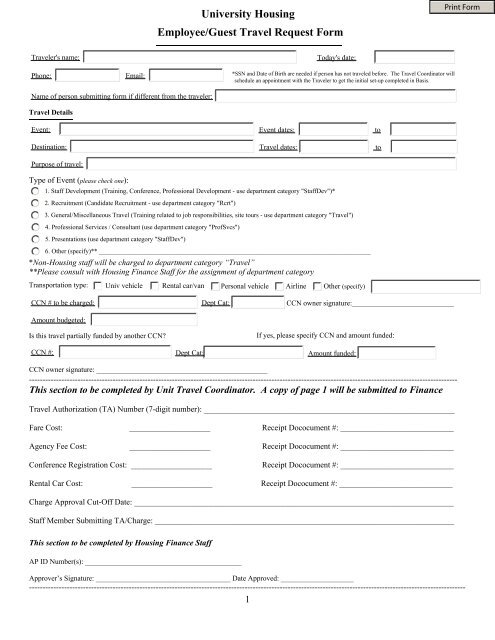 University Housing Employee Guest Travel Request Form