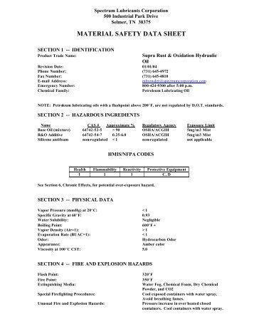 supra r & o hydraulic oil msds