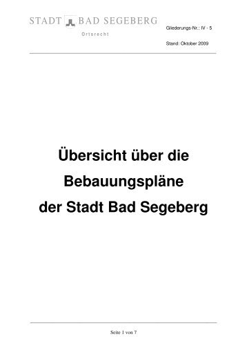 Übersicht über die Bebauungspläne der Stadt Bad Segeberg