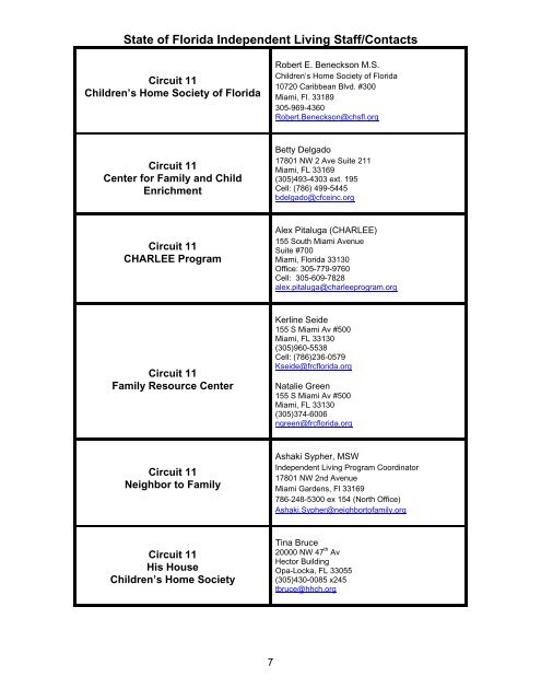 State Of Florida Independent Living Staff/Contacts