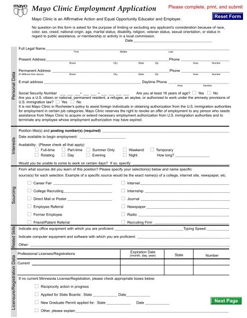 Mayo Clinic Employment Application