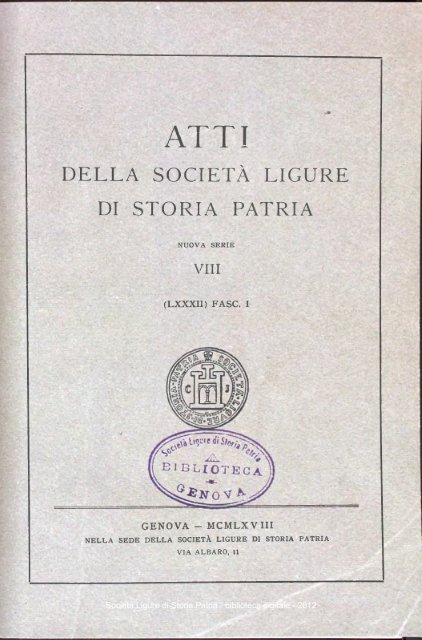 DELLA SOCIETÃ LIGURE DI STORIA PATRIA