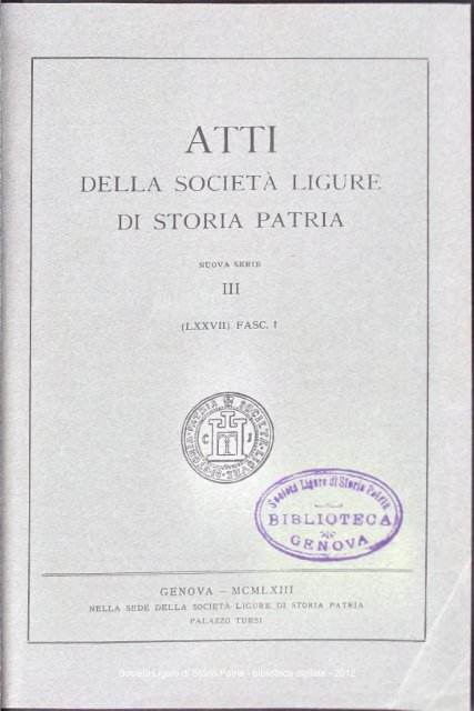 DELLA SOCIETÃ LIGURE DI STORIA PATRIA