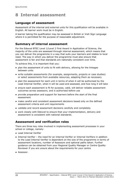 BTEC First Award in Application of Science - specification - Edexcel