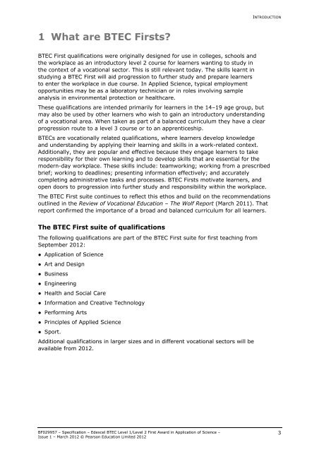 BTEC First Award in Application of Science - specification - Edexcel
