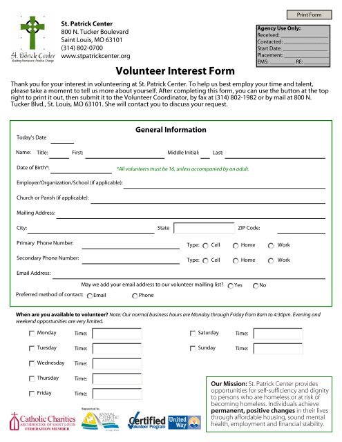 Volunteer Interest Form - St. Patrick Center