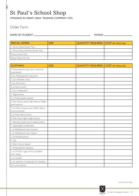 Tihoi uniform Order form - St Paul's Collegiate School