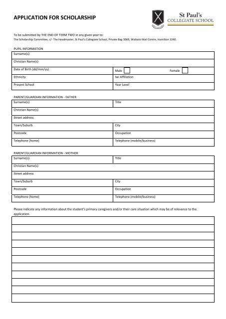 Scholarship application Cover form - St Paul's Collegiate School