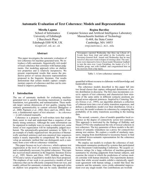 Automatic Evaluation of Text Coherence: Models and Representations