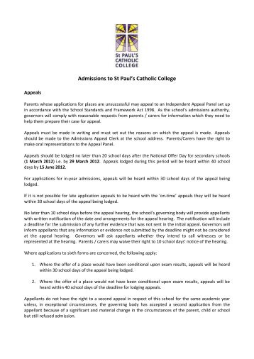 Admissions Appeal Procedure 2012-2013 - St Paul's Catholic College