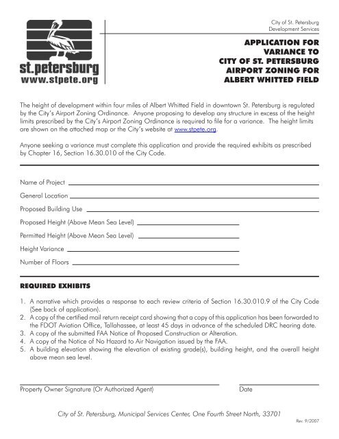 Application for Variance to Airport Zoning - City of St. Petersburg