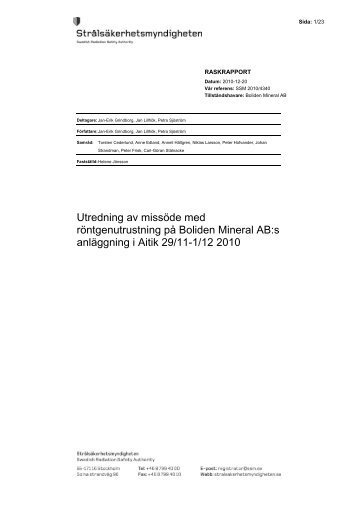 Utredning av missÃ¶de med rÃ¶ntgenutrustning pÃ¥ Boliden Mineral AB ...