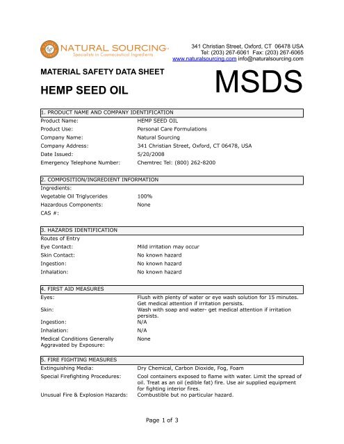 (MSDS) Hemp Seed Oil - Natural Sourcing, LLC