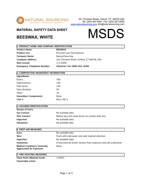 (MSDS) Beeswax, White - Natural Sourcing, LLC