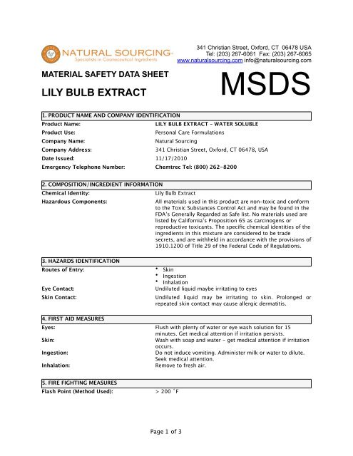 (MSDS) Extract Lily Bulb WS - Natural Sourcing, LLC