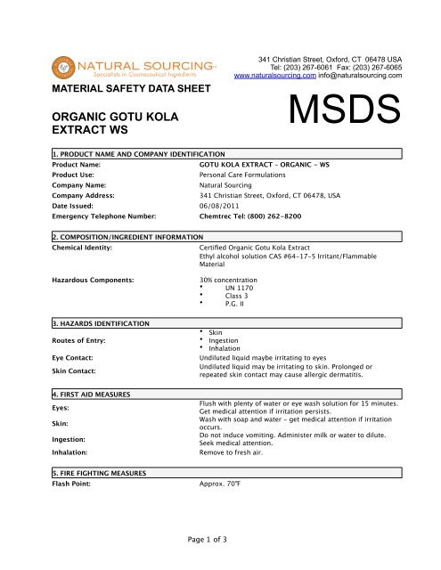 (MSDS) Organic Extract Gotu Kola WS - Natural Sourcing, LLC
