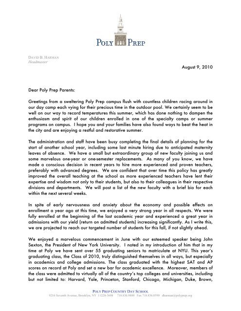 Headmaster's Letter to Parents - Poly Prep Country Day School