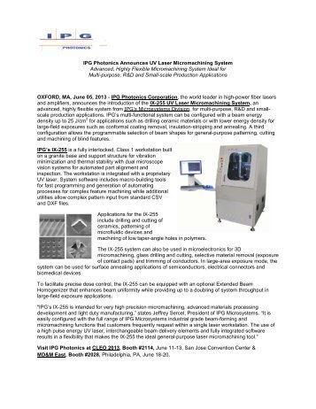IPG Photonics Announces UV Laser Micromachining System ...