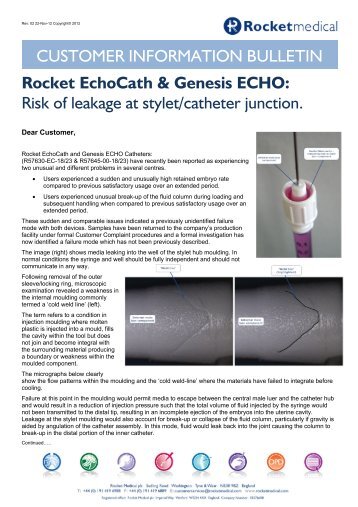 Rocket EchoCath & Genesis ECHO: Risk of leakage at stylet ...