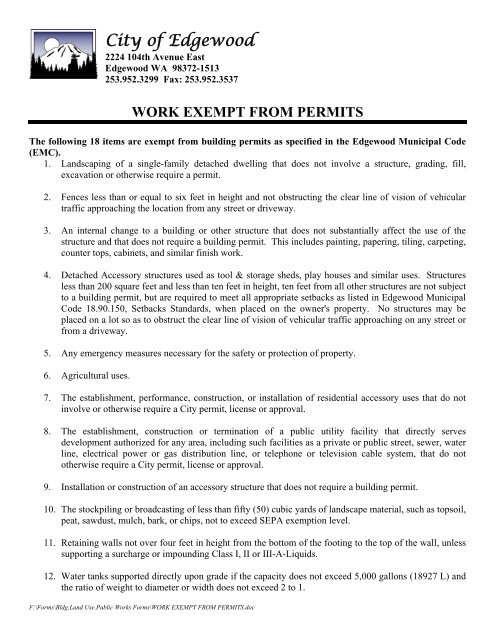 Work Exempt from Permits - City of Edgewood