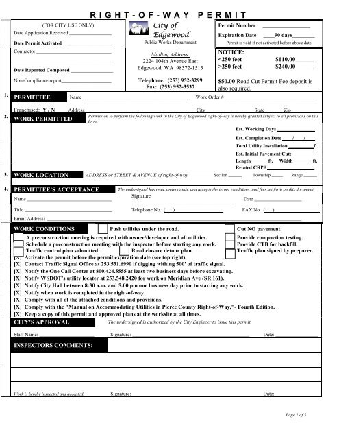 Right-of-Way Permit Application - City of Edgewood