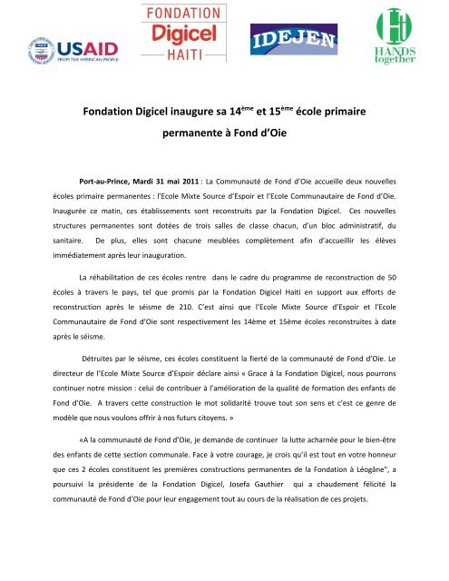 Fondation Digicel inaugure sa 14Ã¨me et 15Ã¨me Ã©cole primaire ...