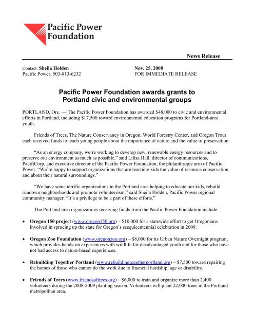 Pacific Power Foundation awards grants to Portland civic and ...