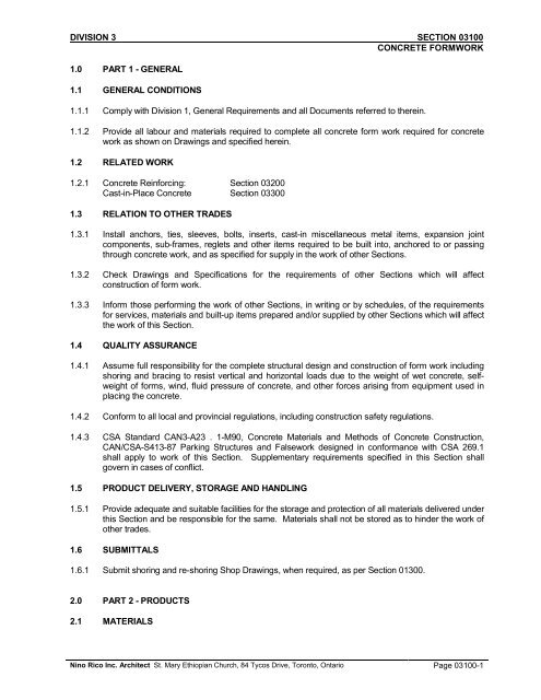 DIVISION 3 SECTION 03100 CONCRETE FORMWORK 1.0 PART 1 ...