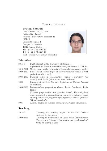 Curriculum Vitae Tristan Vaccon Education Teaching