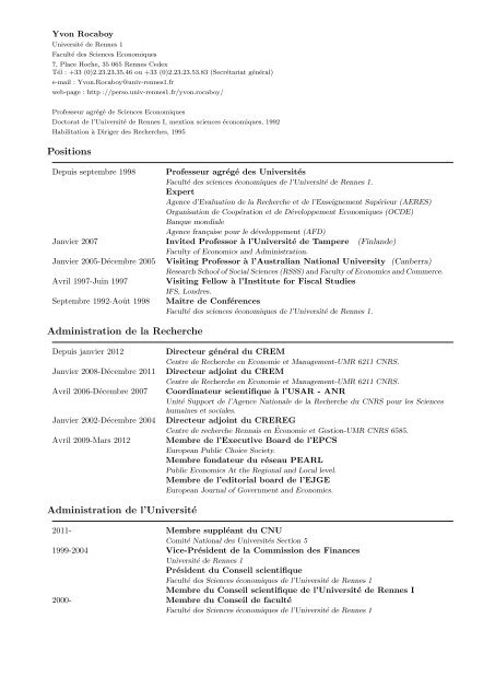 Curriculum vitae - UniversitÃ© de Rennes 1